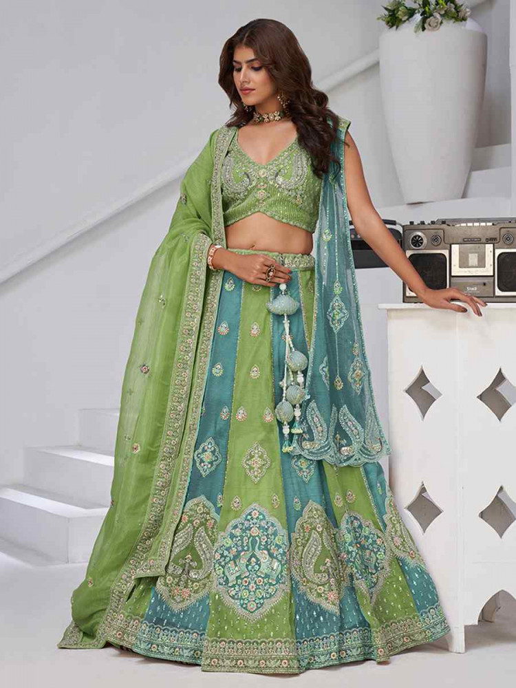 Image of Green Georgette Tissue Embroidered Wedding Reception Festival Heavy Border Lehenga Choli
