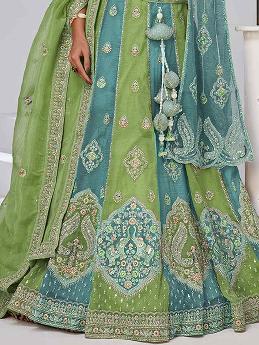 Green Georgette Tissue Embroidered Wedding Reception Festival Heavy Border Lehenga Choli