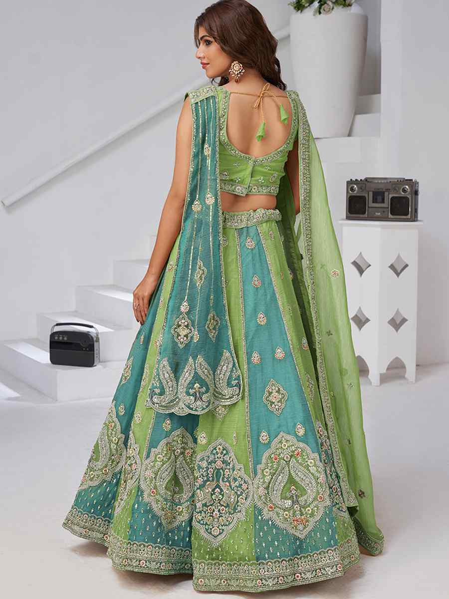 Green Georgette Tissue Embroidered Wedding Reception Festival Heavy Border Lehenga Choli