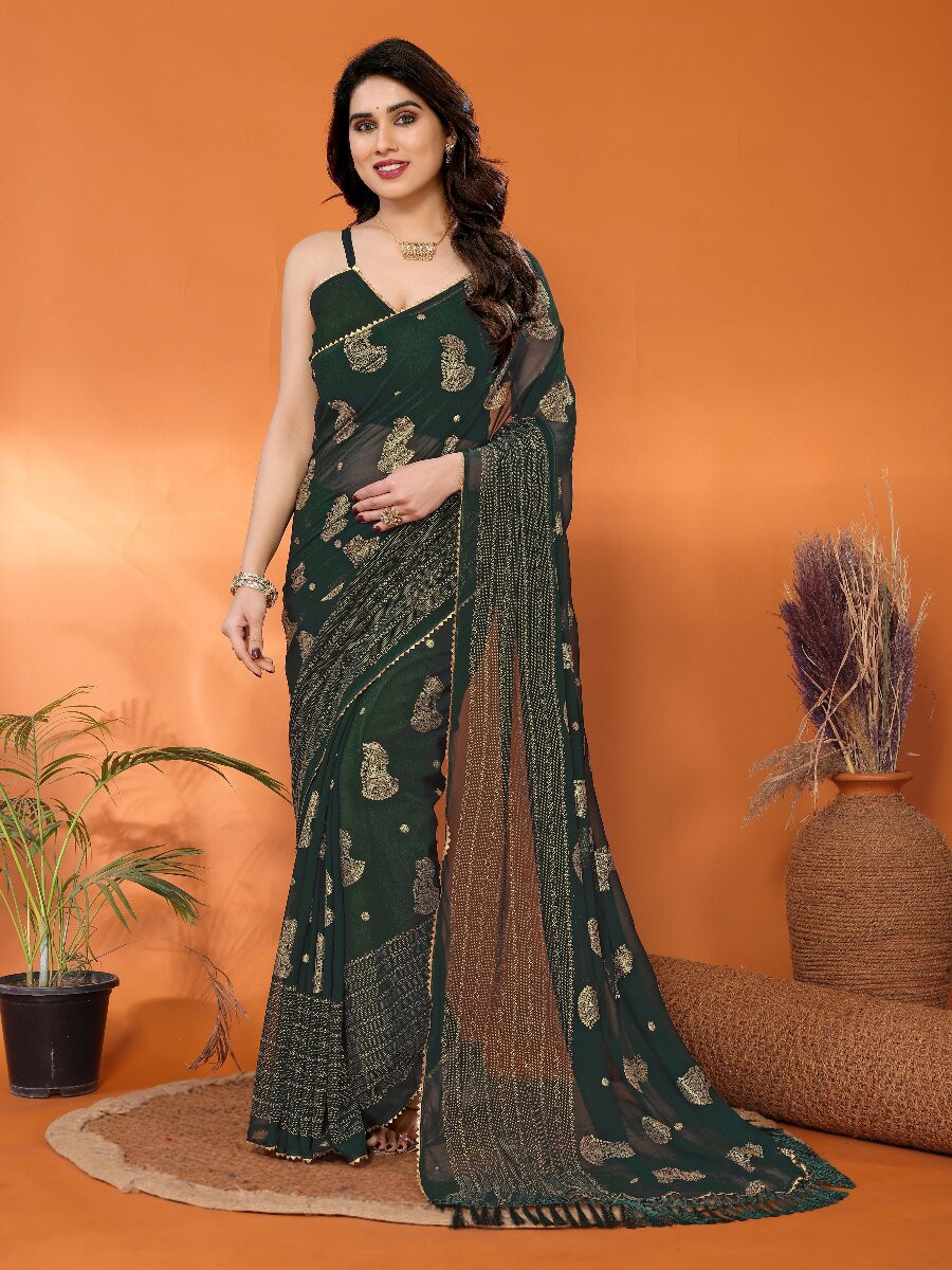 Green Georgette Traditional Foil Work Zalar Lace Wedding Reception Party Festival Heavy Border Sarees