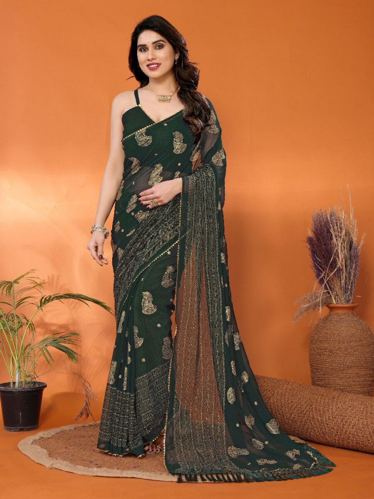 Image of Green Georgette Traditional Foil Work Zalar Lace Wedding Reception Party Festival Heavy Border Sarees
