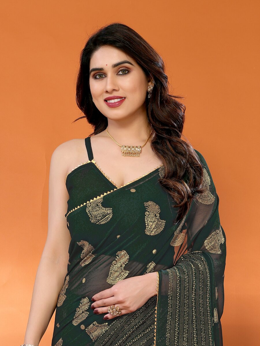 Green Georgette Traditional Foil Work Zalar Lace Wedding Reception Party Festival Heavy Border Sarees
