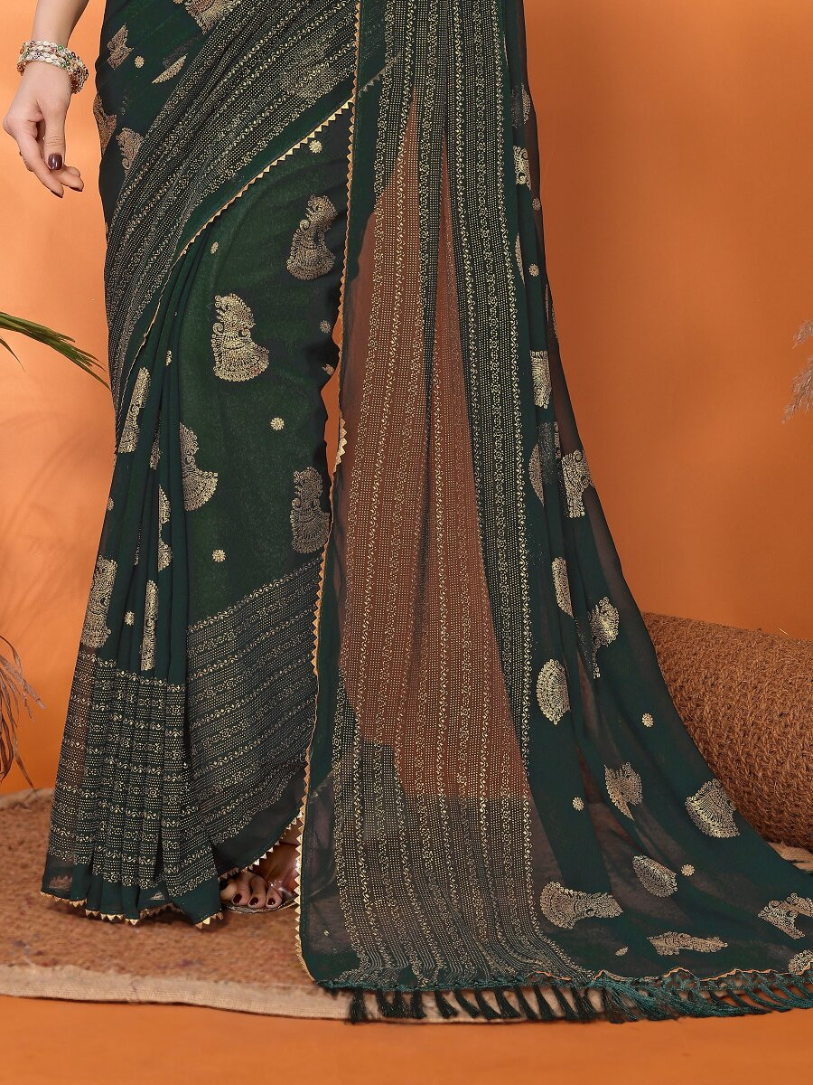 Green Georgette Traditional Foil Work Zalar Lace Wedding Reception Party Festival Heavy Border Sarees