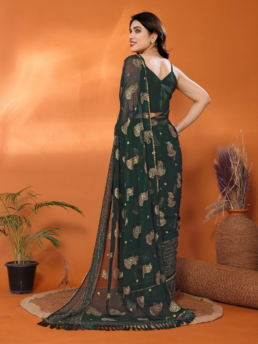 Green Georgette Traditional Foil Work Zalar Lace Wedding Reception Party Festival Heavy Border Sarees