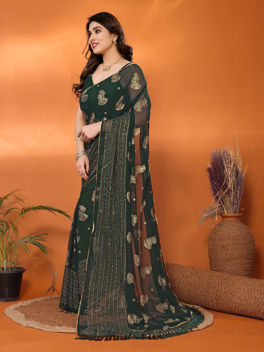 Green Georgette Traditional Foil Work Zalar Lace Wedding Reception Party Festival Heavy Border Sarees