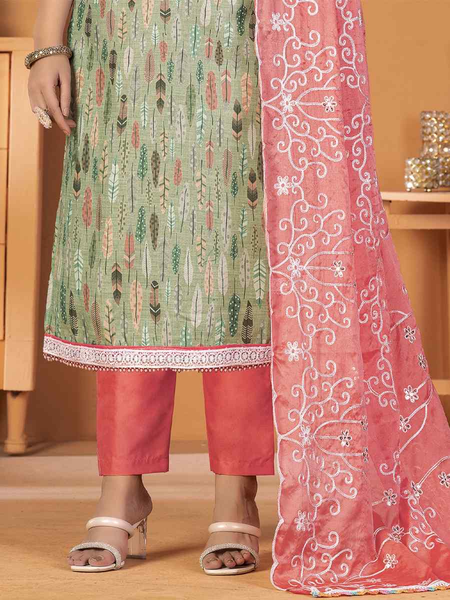 Green Glass Cotton Embroidered Casual Festival Pant Salwar Kameez