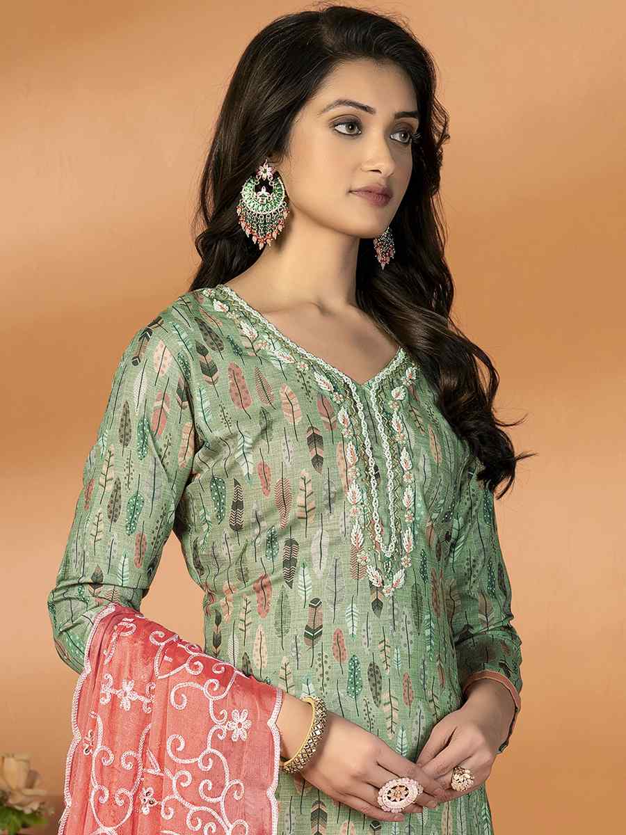 Green Glass Cotton Embroidered Casual Festival Pant Salwar Kameez
