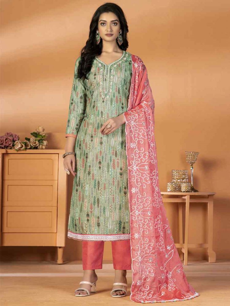 Green Glass Cotton Embroidered Casual Festival Pant Salwar Kameez