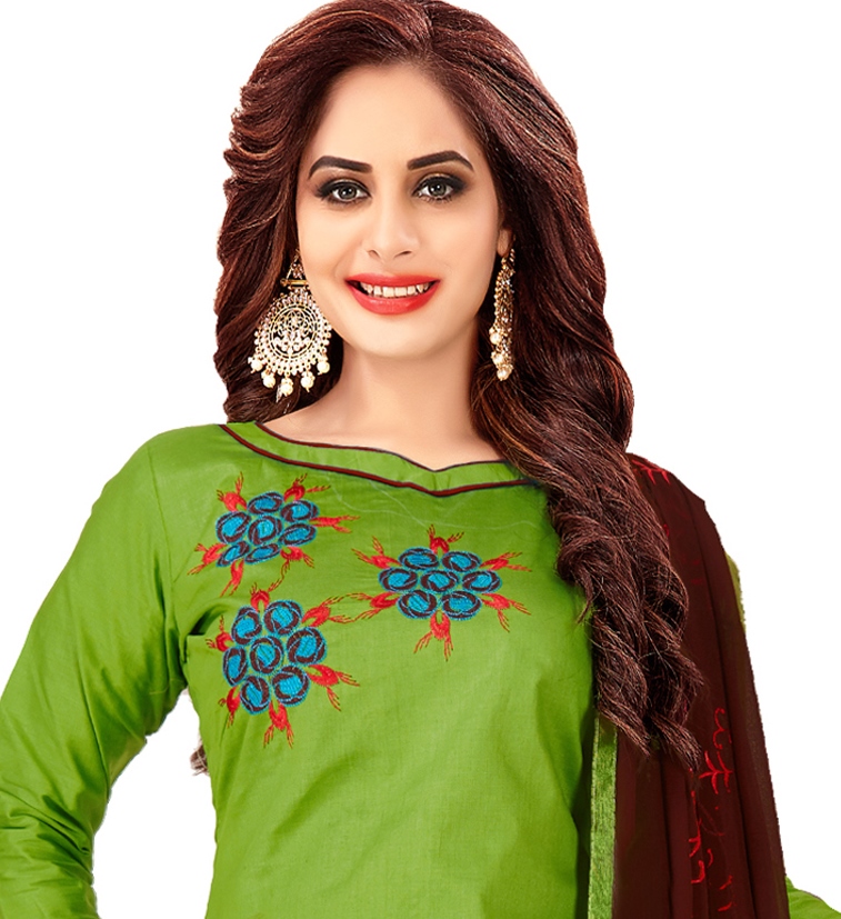 Green Glass Cotton Embroidered Casual Party Churidar Salwar Kameez