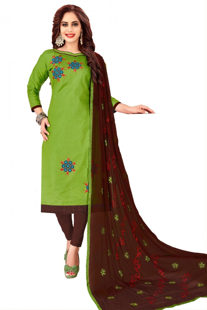 Green Glass Cotton Embroidered Casual Party Churidar Salwar Kameez