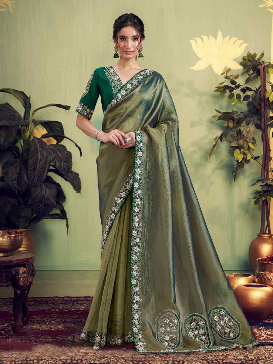 Green Glass Tissue Embroidery Bridal Reception Party Festival Wedding Fancy Heavy Border Sarees