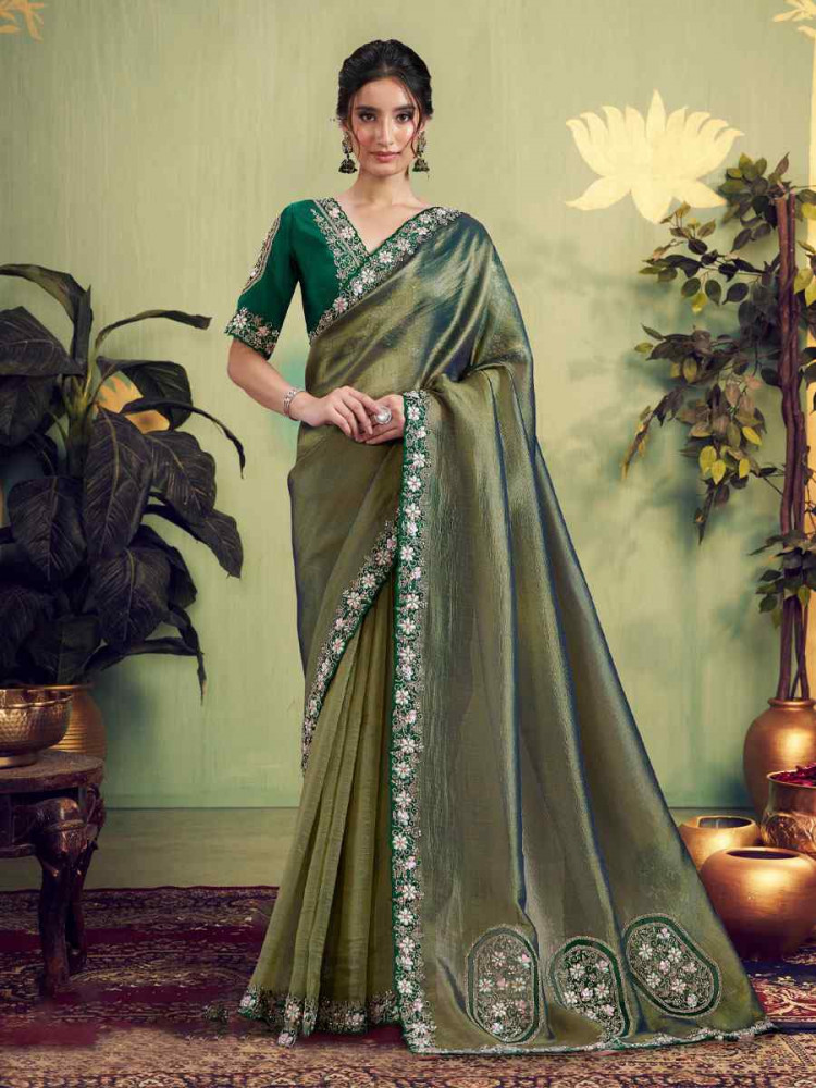 Image of Green Glass Tissue Embroidery Bridal Reception Party Festival Wedding Fancy Heavy Border Sarees