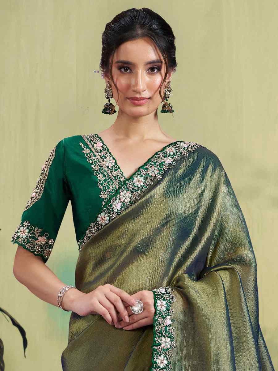 Green Glass Tissue Embroidery Bridal Reception Party Festival Wedding Fancy Heavy Border Sarees