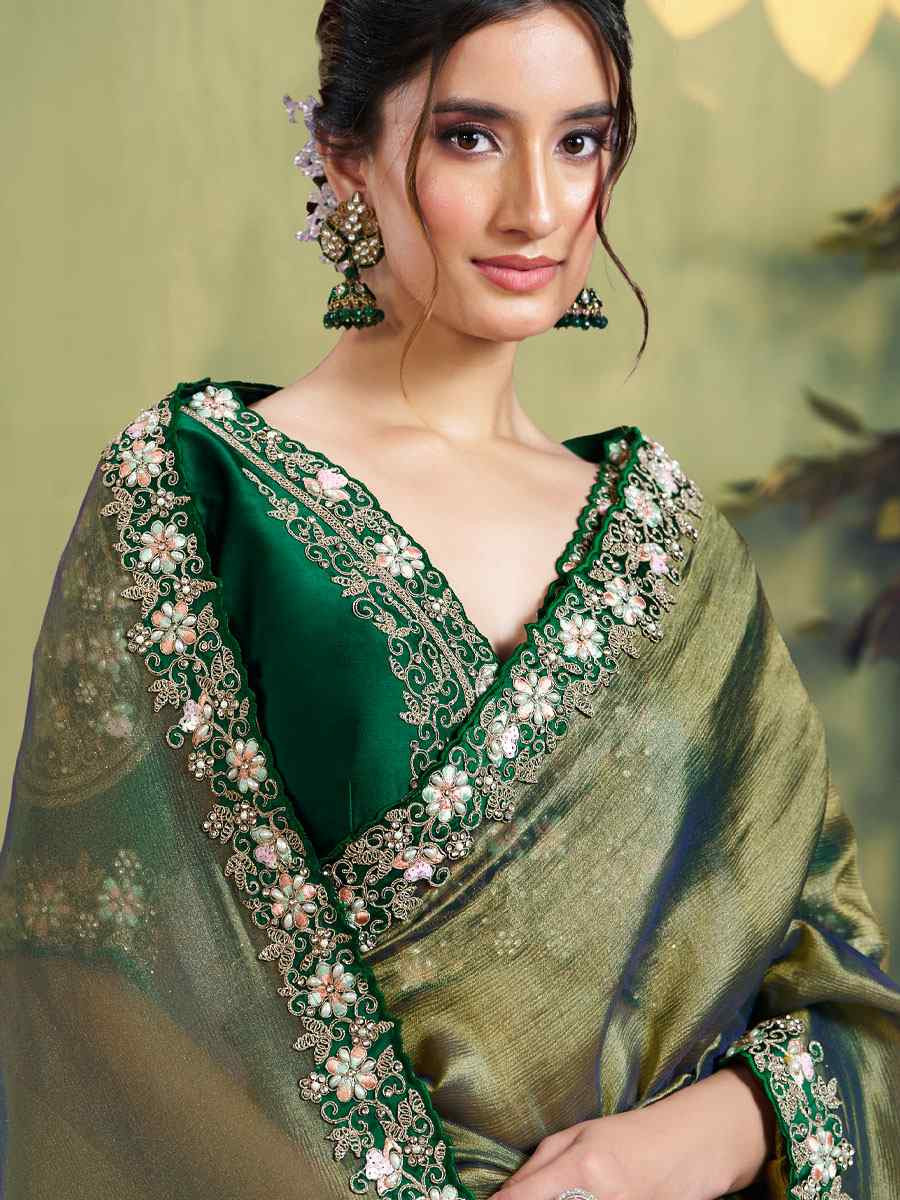 Green Glass Tissue Embroidery Bridal Reception Party Festival Wedding Fancy Heavy Border Sarees