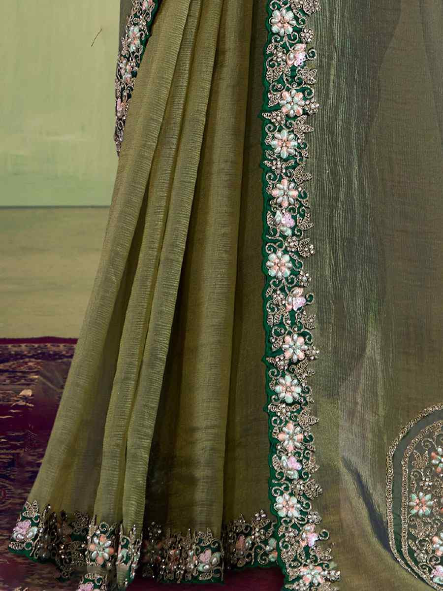 Green Glass Tissue Embroidery Bridal Reception Party Festival Wedding Fancy Heavy Border Sarees