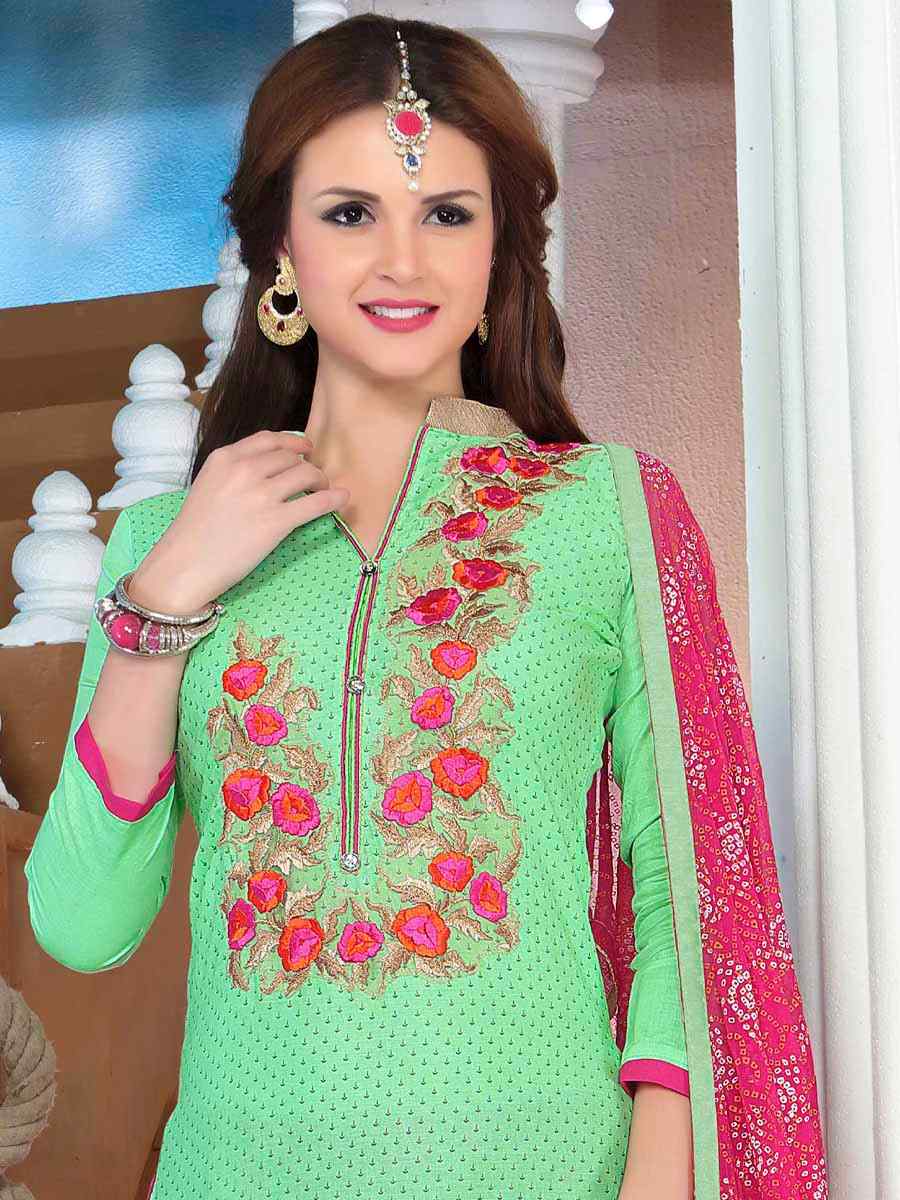 Green Glaze Cotton Embroidered Party Festival Pant Salwar Kameez