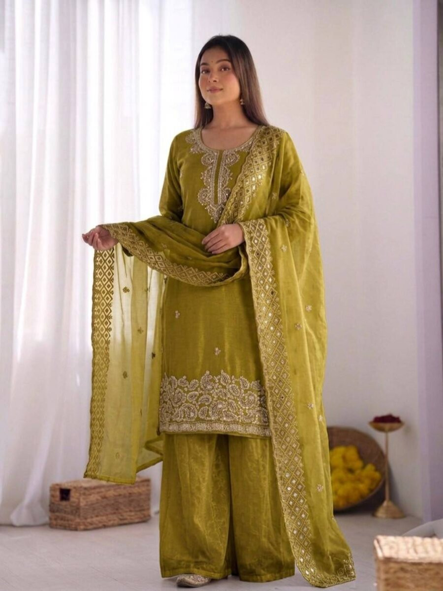 Green Gmy Choo Silk Embroidery Sequins Zari Wedding Party Festival Casual Palazzo Pant Salwar Kameez