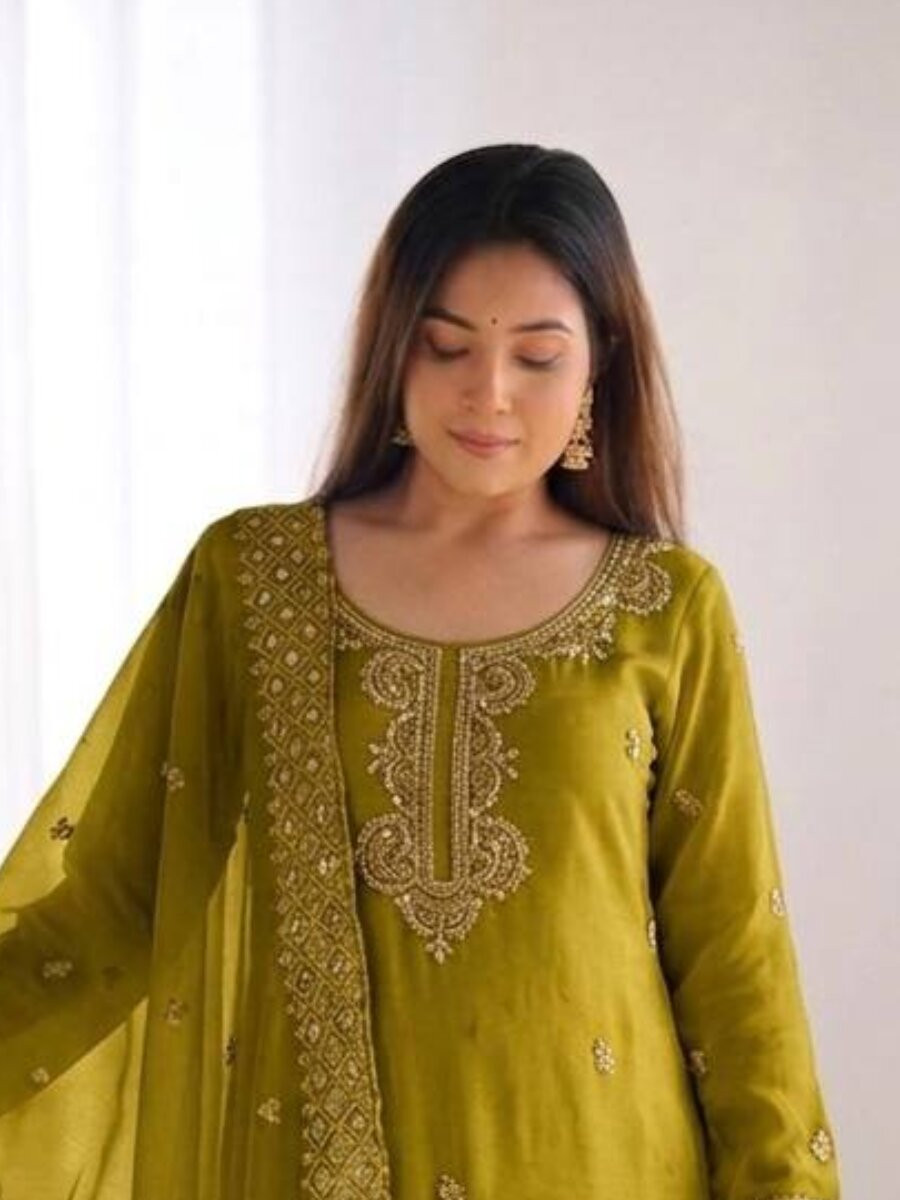 Green Gmy Choo Silk Embroidery Sequins Zari Wedding Party Festival Casual Palazzo Pant Salwar Kameez