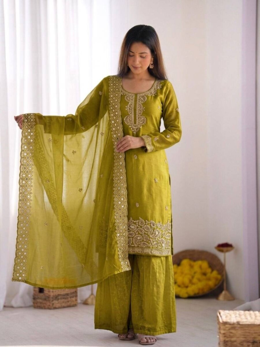 Green Gmy Choo Silk Embroidery Sequins Zari Wedding Party Festival Casual Palazzo Pant Salwar Kameez