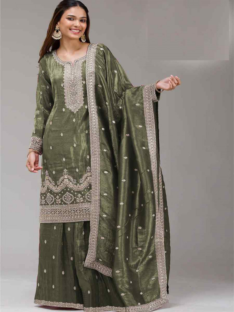 Image of Green Gold Crush Embroidery Party Wedding Festival Casual Palazzo Pant Salwar Kameez