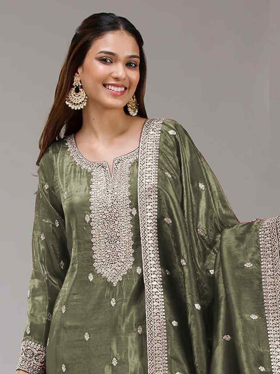 Green Gold Crush Embroidery Party Wedding Festival Casual Palazzo Pant Salwar Kameez
