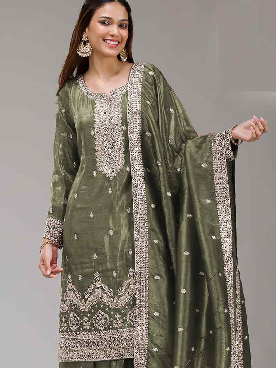 Green Gold Crush Embroidery Party Wedding Festival Casual Palazzo Pant Salwar Kameez