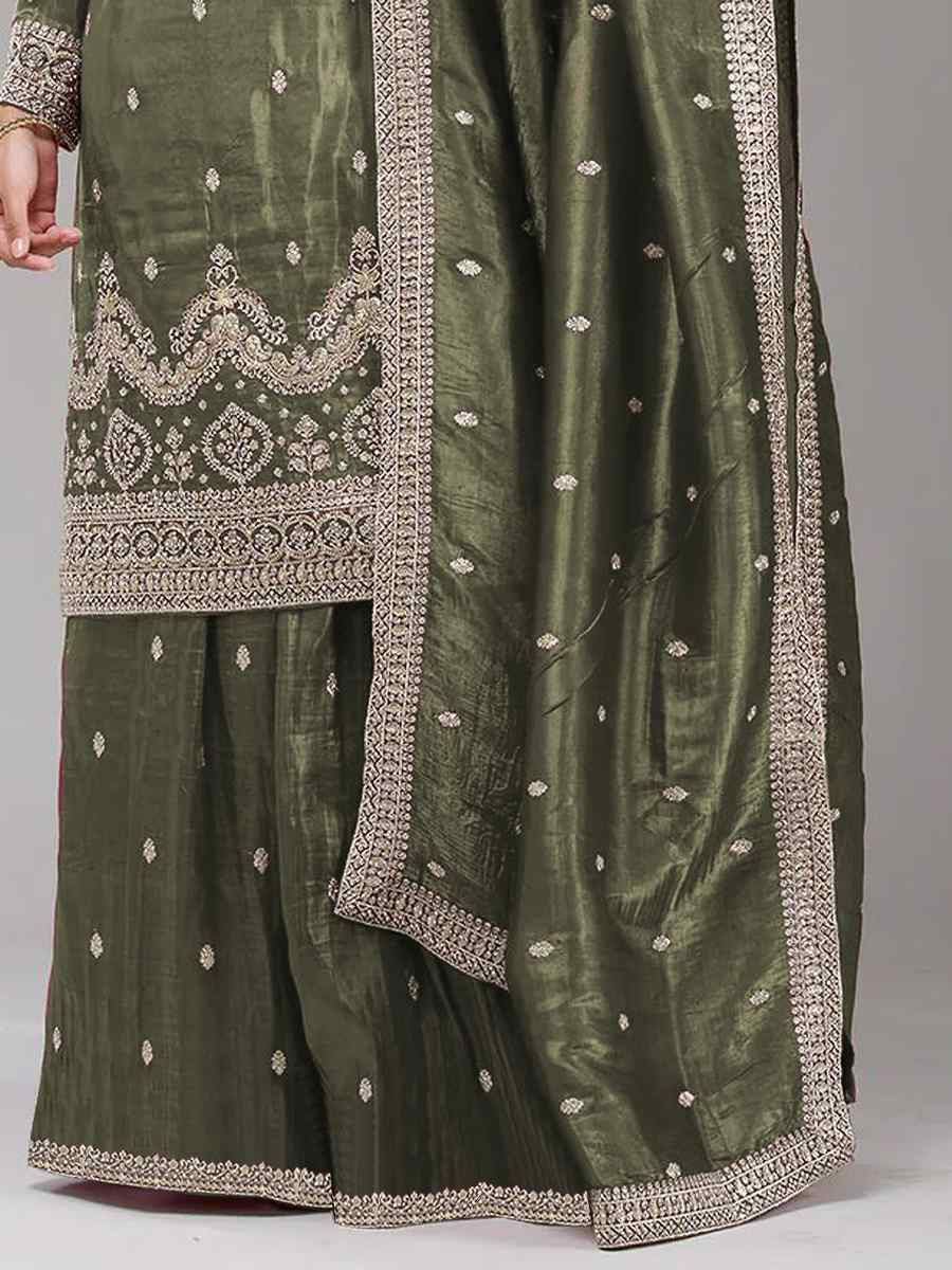 Green Gold Crush Embroidery Party Wedding Festival Casual Palazzo Pant Salwar Kameez