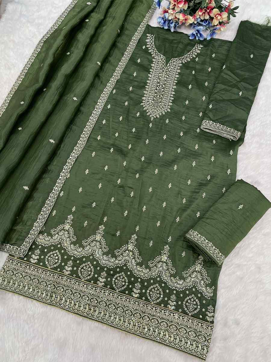 Green Gold Crush Embroidery Party Wedding Festival Casual Palazzo Pant Salwar Kameez