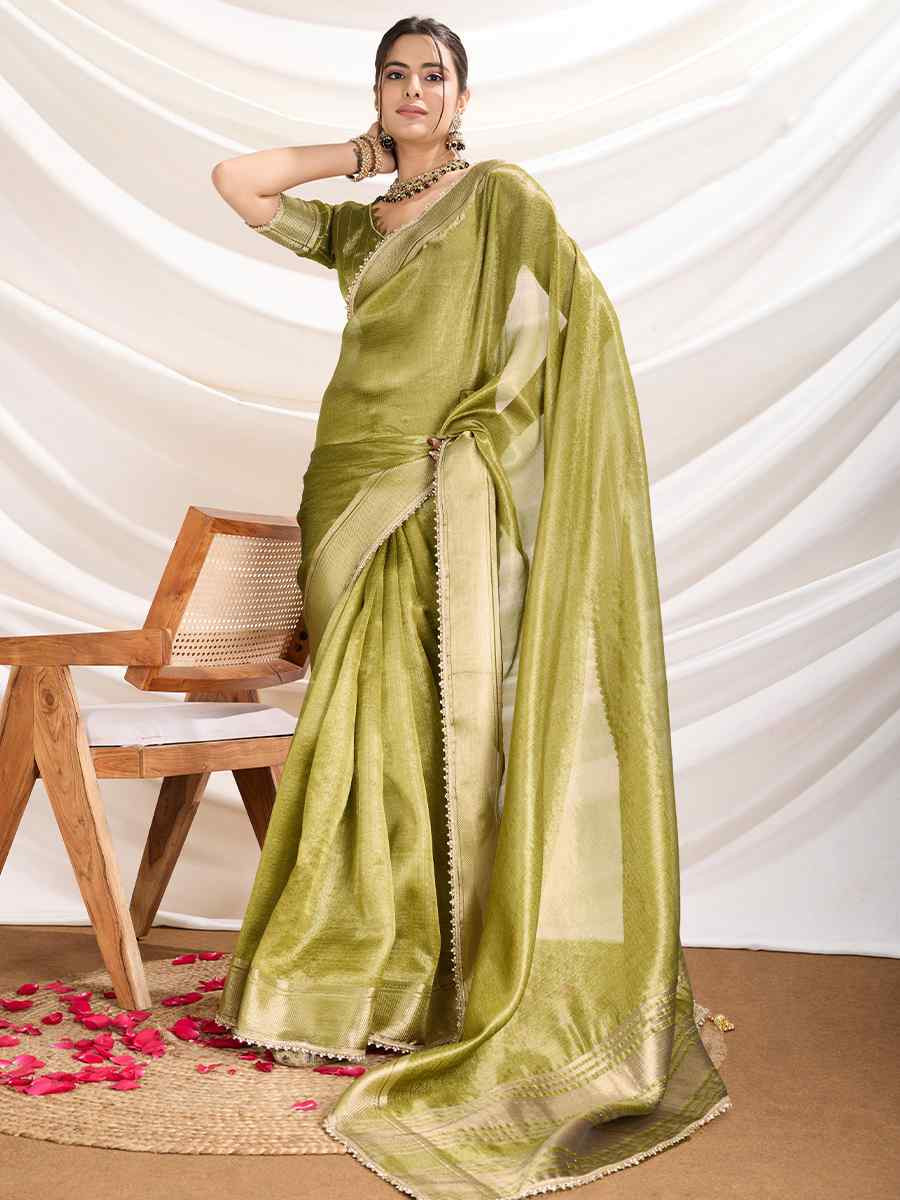 Green Gold Infused Tissue Linen Handwoven Festival Wedding Fancy Heavy Border Saree