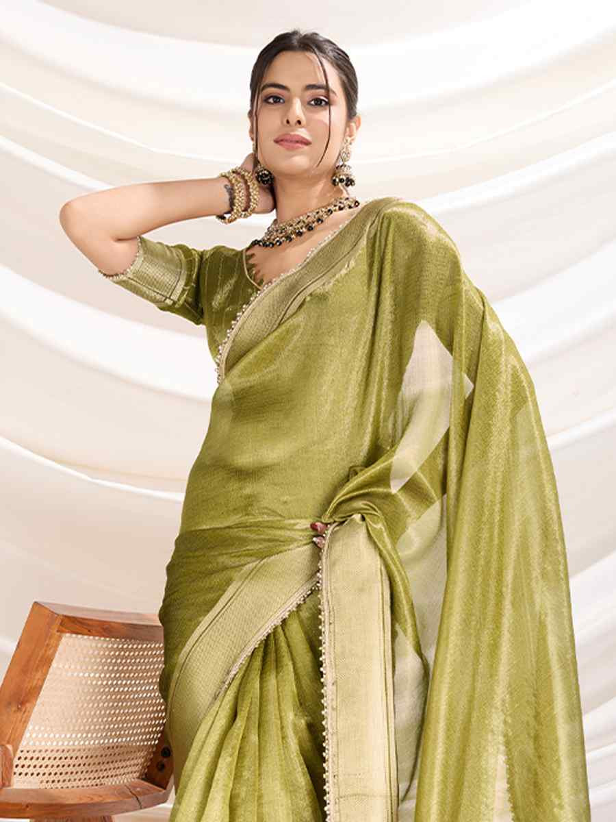 Green Gold Infused Tissue Linen Handwoven Festival Wedding Fancy Heavy Border Saree