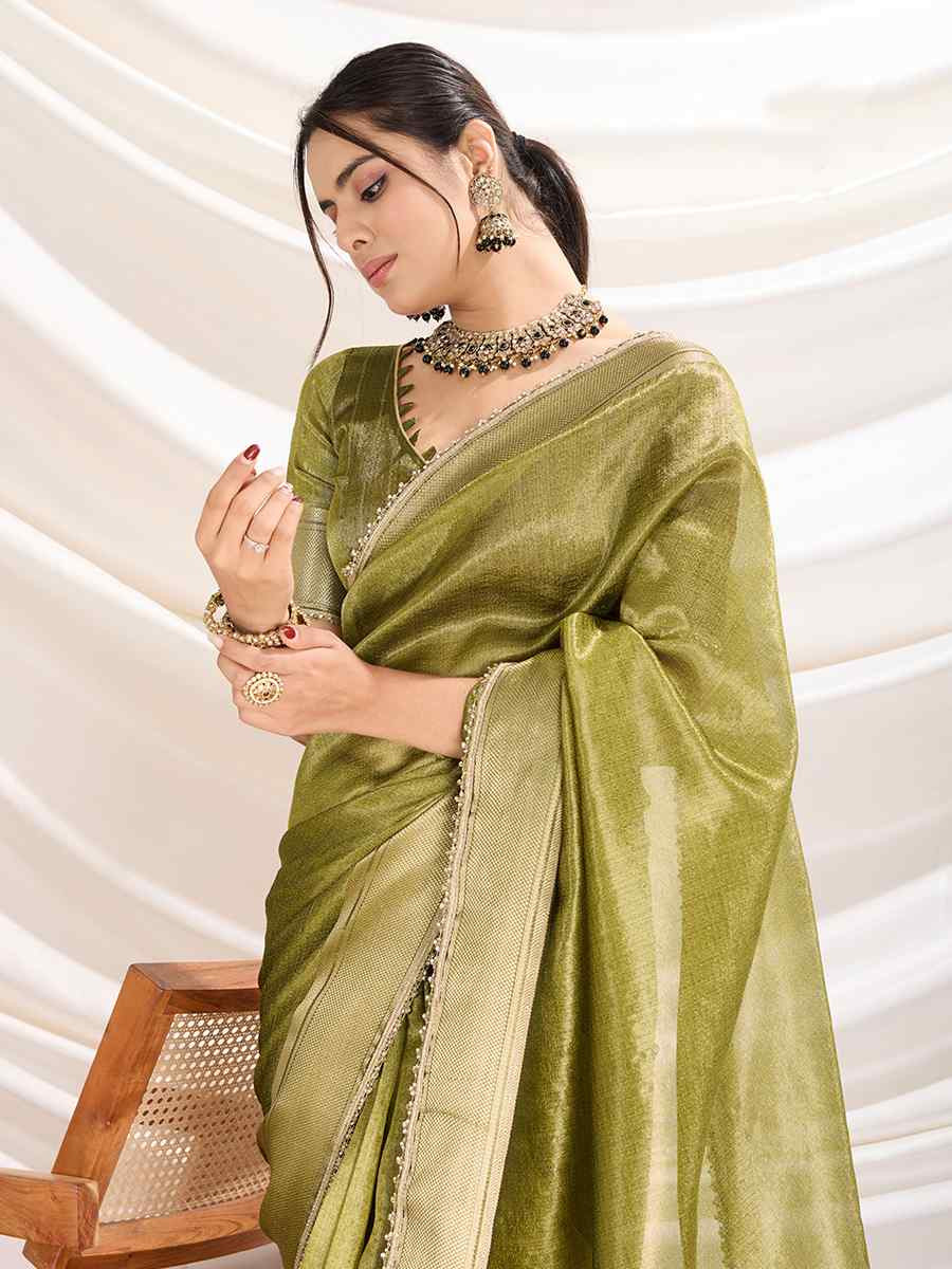 Green Gold Infused Tissue Linen Handwoven Festival Wedding Fancy Heavy Border Saree
