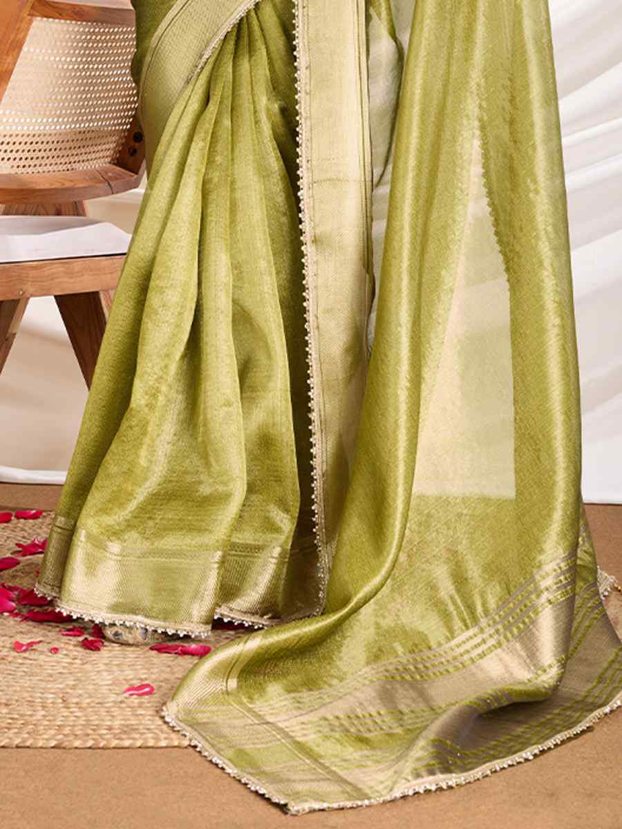Green Gold Infused Tissue Linen Handwoven Festival Wedding Fancy Heavy Border Saree