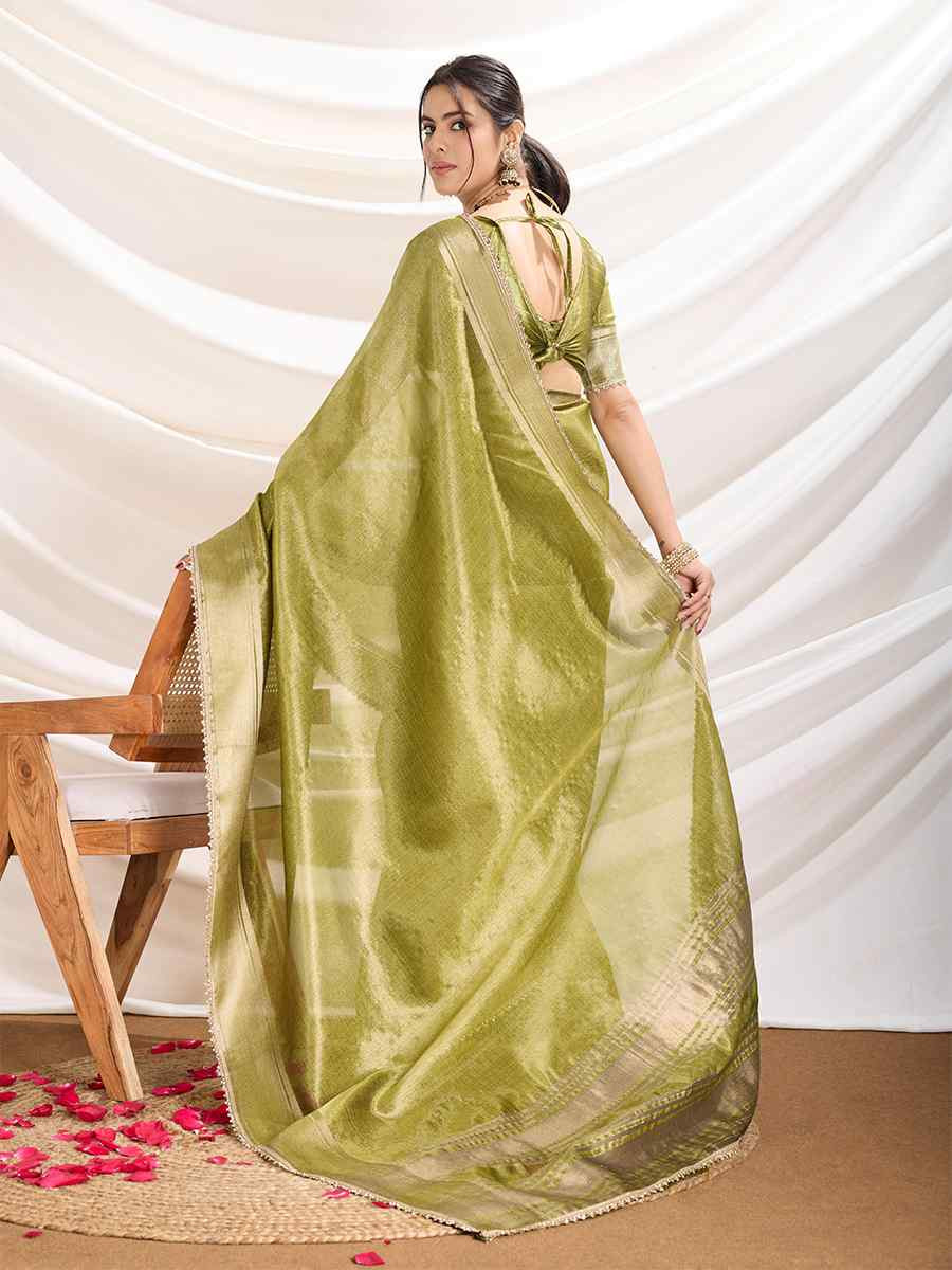 Green Gold Infused Tissue Linen Handwoven Festival Wedding Fancy Heavy Border Saree