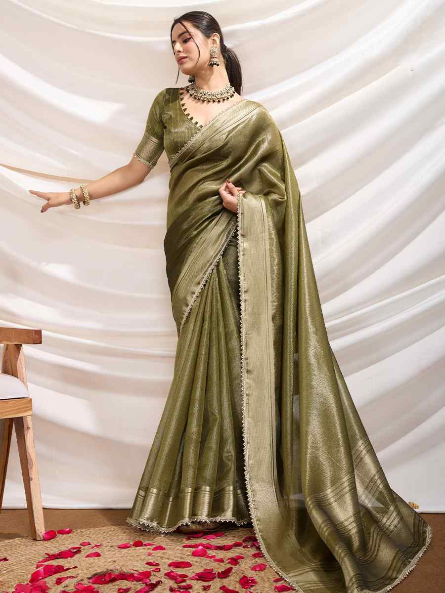Green Gold Infused Tissue Linen Handwoven Festival Wedding Fancy Heavy Border Saree