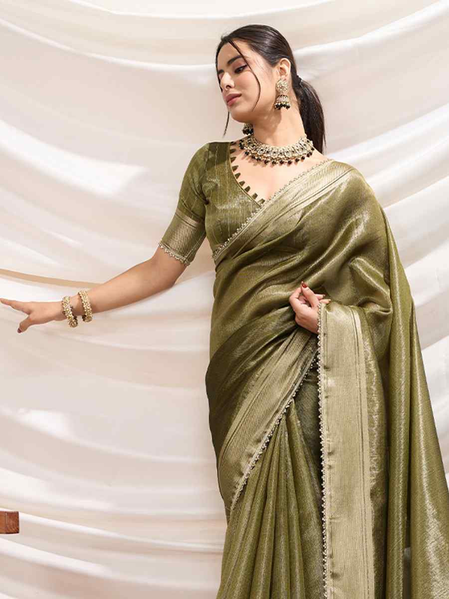 Green Gold Infused Tissue Linen Handwoven Festival Wedding Fancy Heavy Border Saree