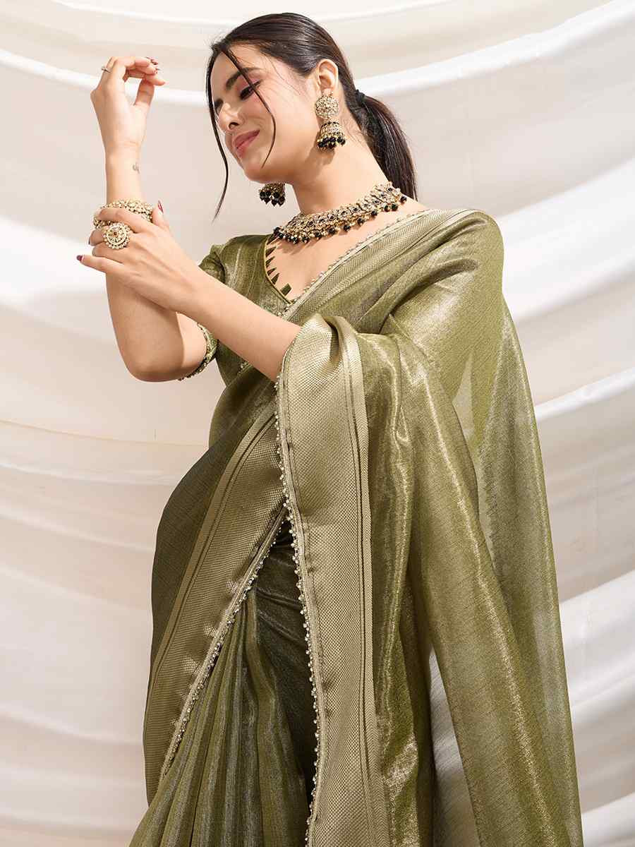 Green Gold Infused Tissue Linen Handwoven Festival Wedding Fancy Heavy Border Saree