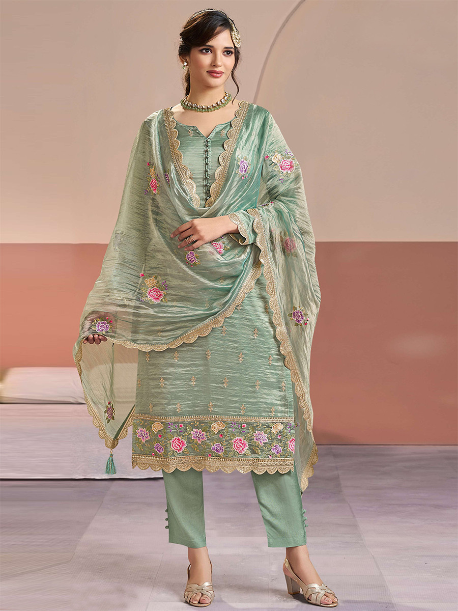 Green Gold Silk Embroidery Wedding Party Festival Casual Pant Salwar Kameez