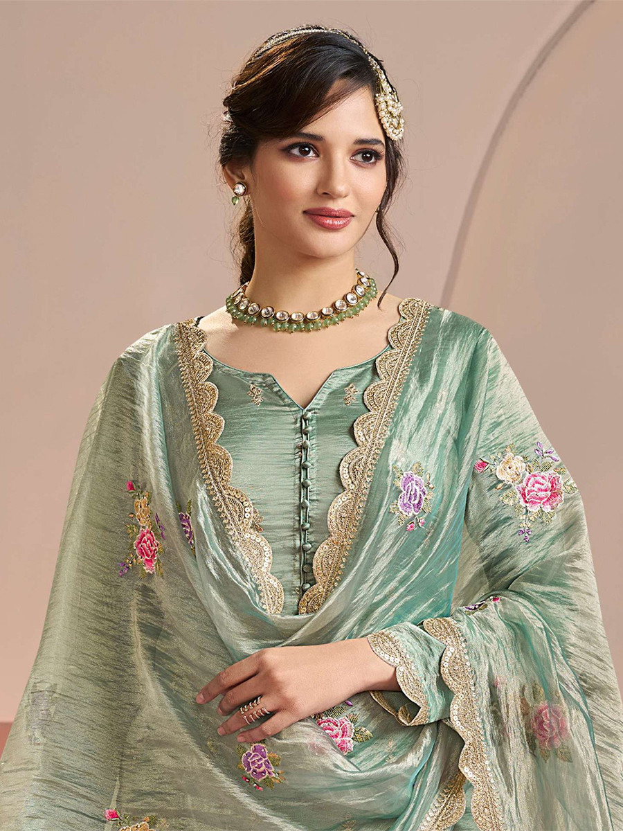 Green Gold Silk Embroidery Wedding Party Festival Casual Pant Salwar Kameez
