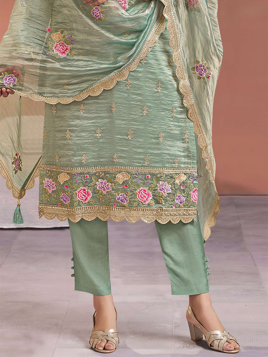 Green Gold Silk Embroidery Wedding Party Festival Casual Pant Salwar Kameez