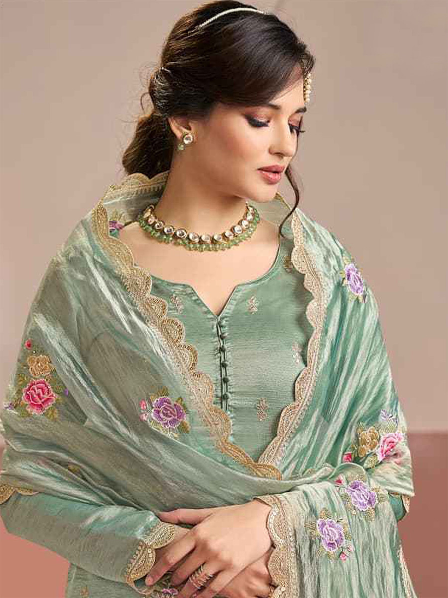 Green Gold Silk Embroidery Wedding Party Festival Casual Pant Salwar Kameez