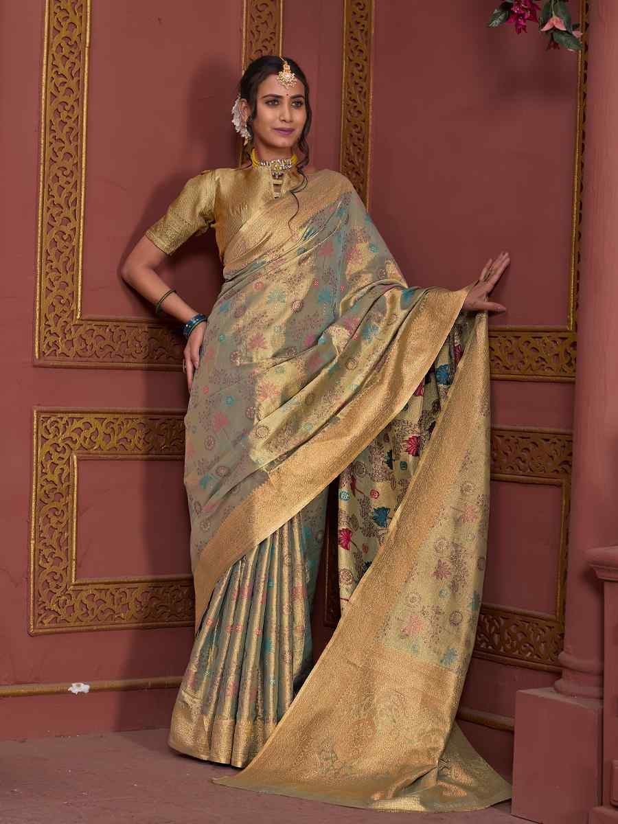 Green Golden Tissue Silk Handwoven Festival Wedding Fancy Heavy Border Saree