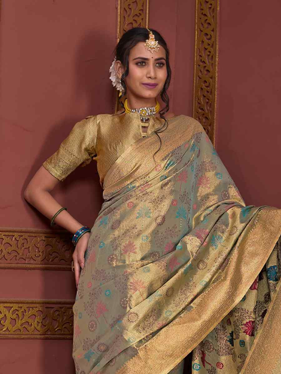 Green Golden Tissue Silk Handwoven Festival Wedding Fancy Heavy Border Saree