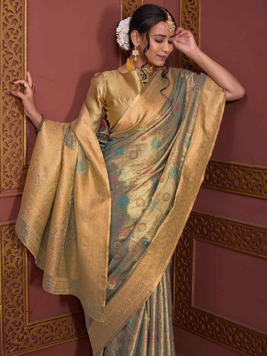Green Golden Tissue Silk Handwoven Festival Wedding Fancy Heavy Border Saree