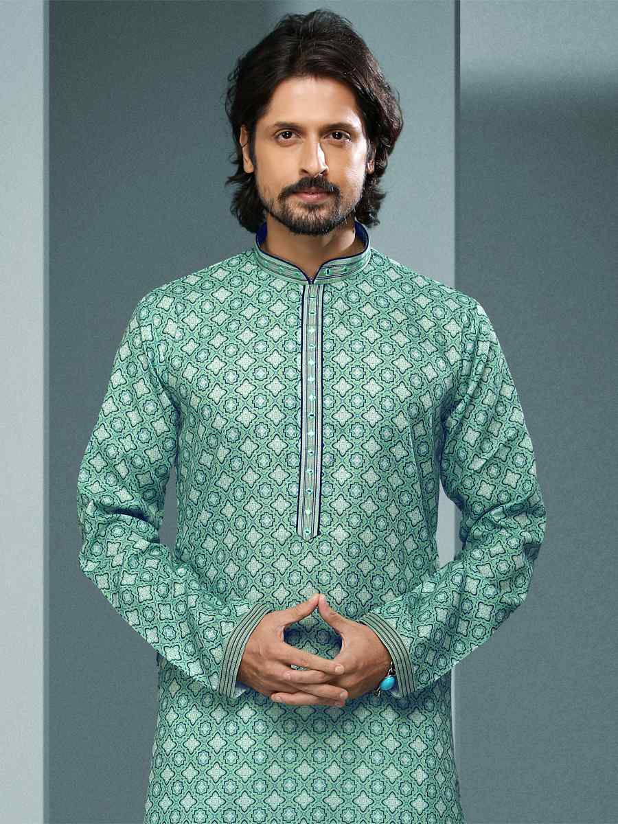 Green Hand Loomed In Rich Yarns Of Cotton Printed Festival Kurta