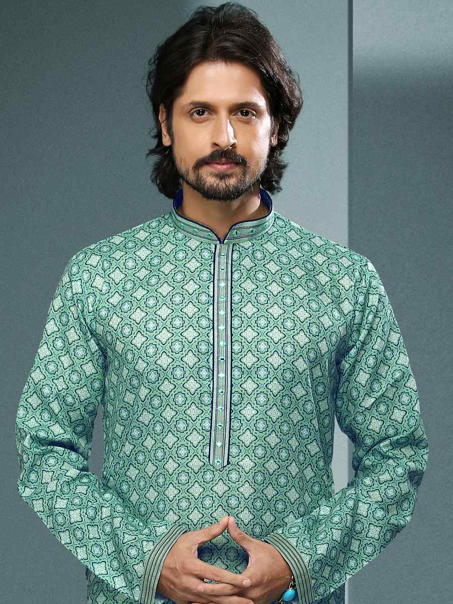 Green Hand Loomed In Rich Yarns Of Cotton Printed Festival Kurta