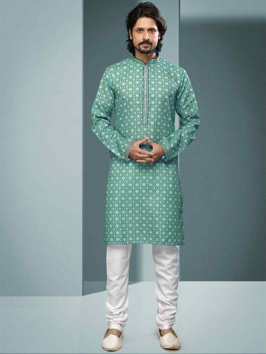Green Hand Loomed In Rich Yarns Of Cotton Printed Festival Kurta
