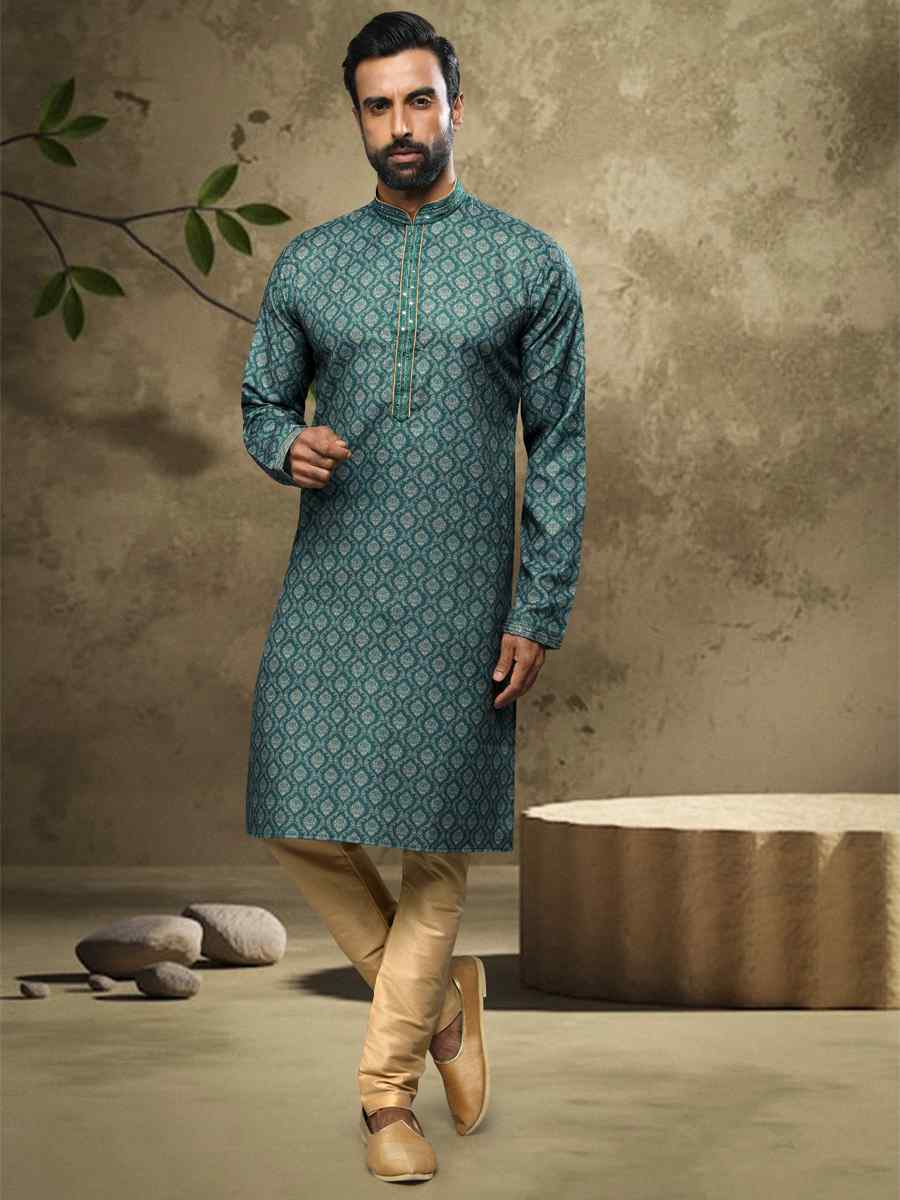 Green Hand Loomed In Rich Yarns Of Cotton Printed Festival Party Kurta