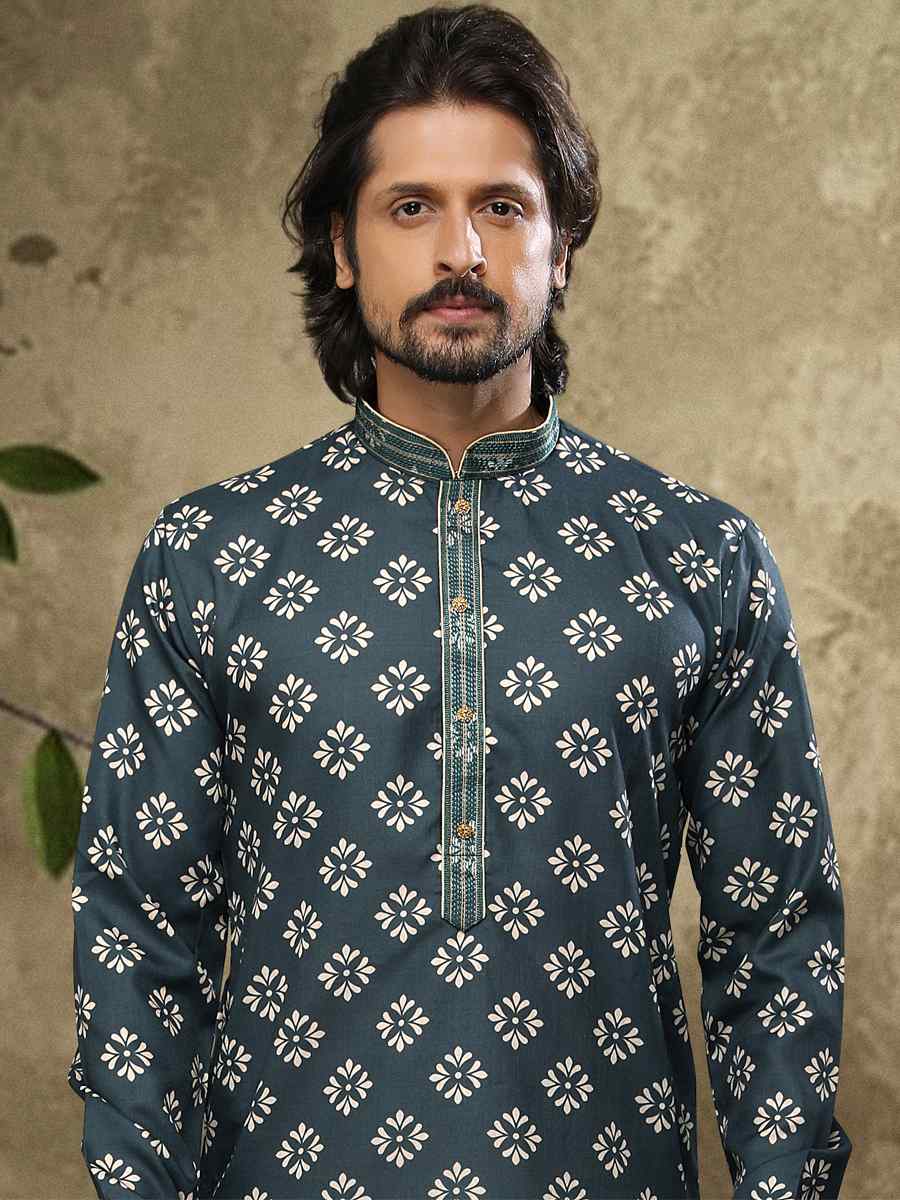 Green Hand Loomed In Rich Yarns Of Cotton Printed Festival Party Kurta