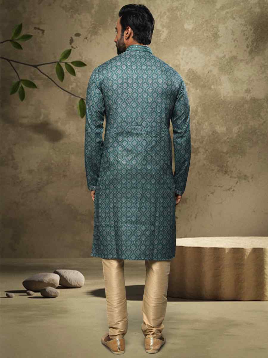 Green Hand Loomed In Rich Yarns Of Cotton Printed Festival Party Kurta