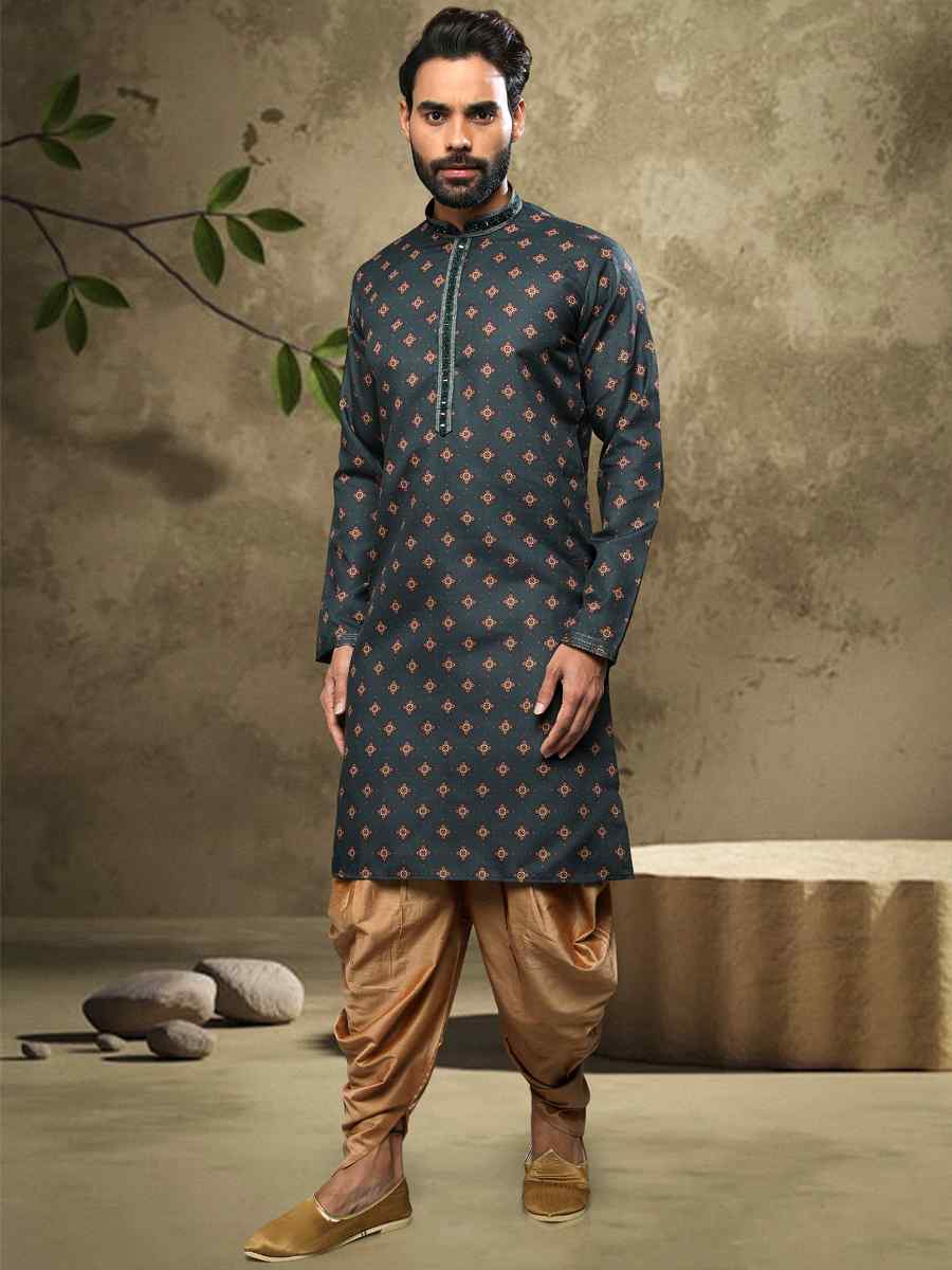 Green Hand Loomed In Rich Yarns Of Cotton Printed Festival Party Kurta